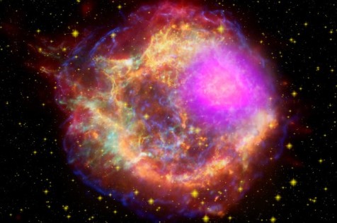 This composite shows the Cassiopeia A supernova remnant that has magnetic fields that are approximately 100 times stronger than those in adjacent interstellar space. (NASA/DOE/Fermi LAT Collaboration, CXC/SAO/JPL-Caltech/Steward/O. Krause et al., and NRAO/AUI)