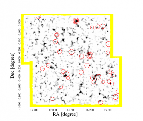 This map shows the distribution of dark matter (black) in the Universe, overlapping with optical measured clusters of galaxies (red circles). The mass peaks in the map contain significant cosmological information, will provide us with an improved understanding about the dark side of the Universe. The size of this map is about 4 square degrees corresponding to only 2.5% of the full CS82 survey footprint shown in the next figure. (Credit: CS82, SDSS)