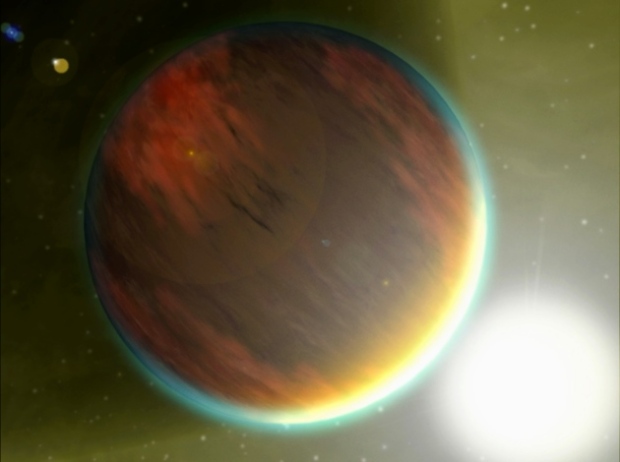 The exoplanet 209458b, a gas giant, is located 150 light-years from Earth.  Dry atmospheres of three exoplanets challenge ideas of how planets form. (Credit: NASA/JPL-Caltech)