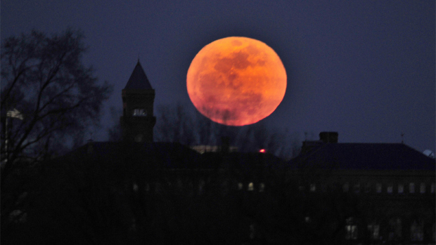 A perigee moon rises in Washington, DC, on March 19, 2011. A perigee moon is visible when the moon's orbit position is at its closest point to Earth during a full moon phase. The full moon coincided with its closest approach to the Earth, 221,565 miles (356,575 km), making the so-called "super moon" look slightly larger than average. AFP PHOTO / Jewel Samad (Photo credit should read JEWEL SAMAD/AFP/Getty Images)