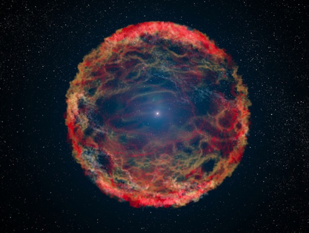 This is an artist's impression of supernova 1993J, an exploding star in the galaxy M81 whose light reached us 21 years ago. The supernova originated in a double-star system where one member was a massive star that exploded after siphoning most of its hydrogen envelope to its companion star. After two decades, astronomers have at last identified the blue helium-burning companion star, seen at the center of the expanding nebula of debris from the supernova. The Hubble Space Telescope identified the ultraviolet glow of the surviving companion embedded in the fading glow of the supernova.