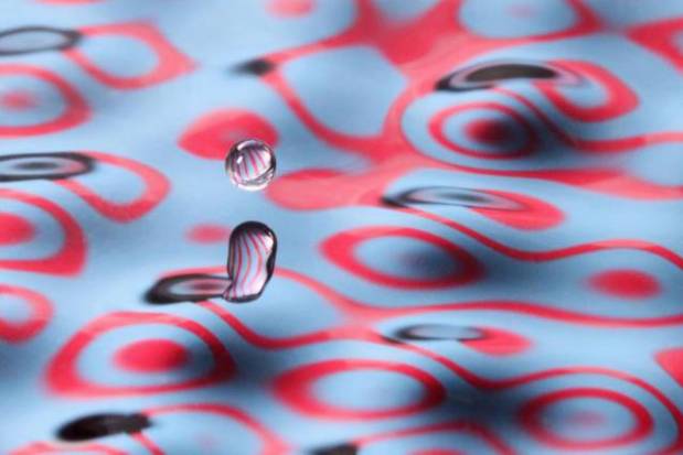 Close-ups of an experiment conducted by John Bush and his student Daniel Harris, in which a bouncing droplet of fluid was propelled across a fluid bath by waves it generated. (Credit: Dan Harris)