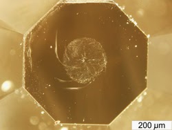 Diamond anvils malformed during synthesis of ultrahard fullerite. Note the dent in the center. (Credit: Moscow Institute of Physics and Technology)